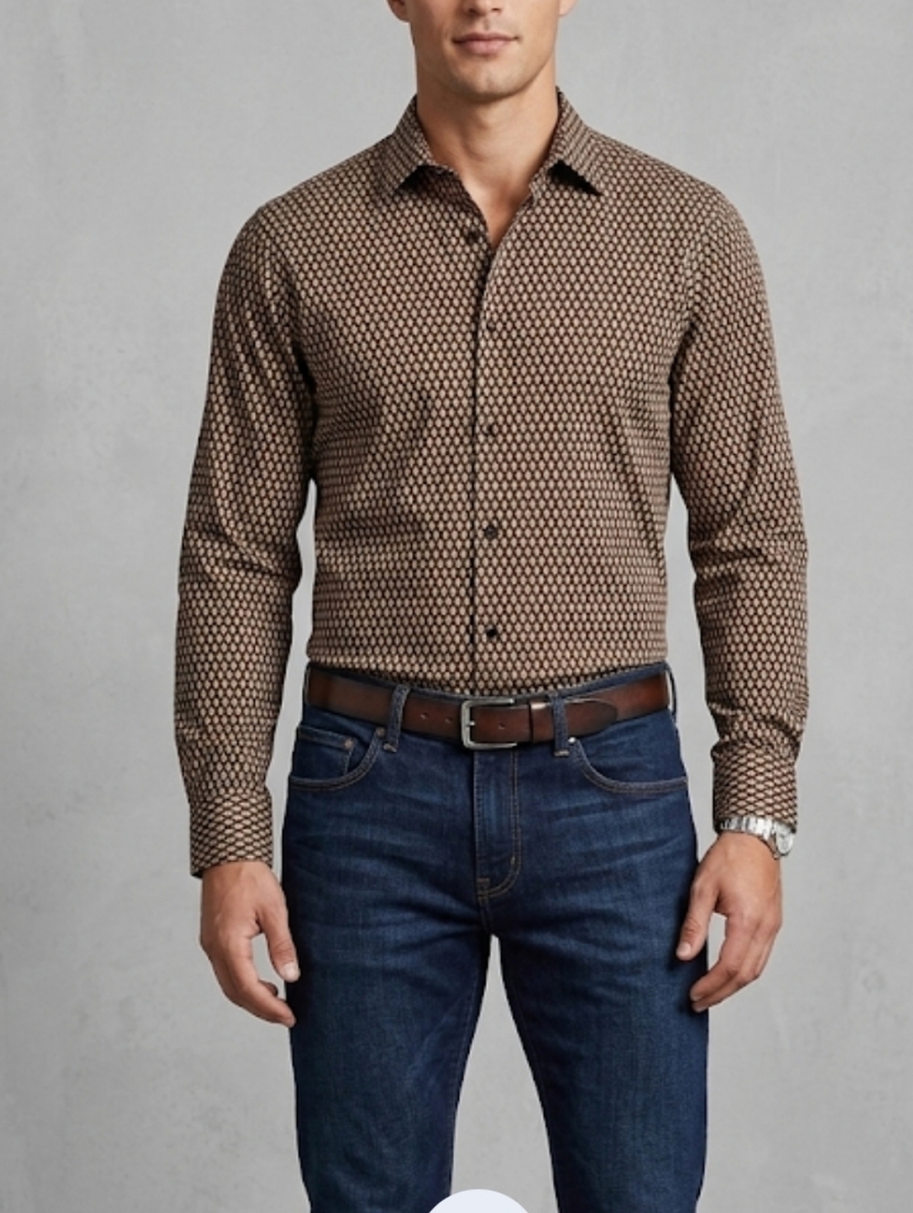 Express Men's Brown and Black Geometric Button-Down Shirt